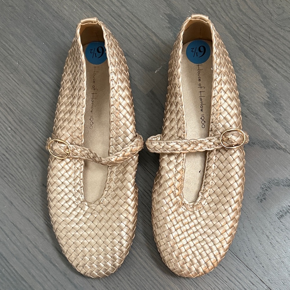 House of Harlow 1960 Metallic Gold Woven Flats